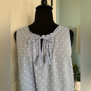 Caffe Marrakesh Sleeveless Cotton Blouse Blue Swiss Dot Split Neck & Tassels, 2X